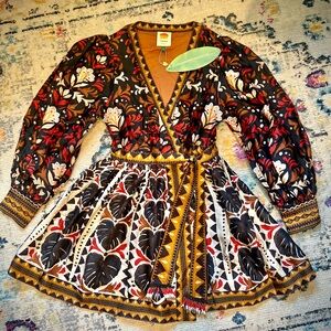 Farm Rio Multicolor Tapestry Garden V Neck Mini Wrap Dress